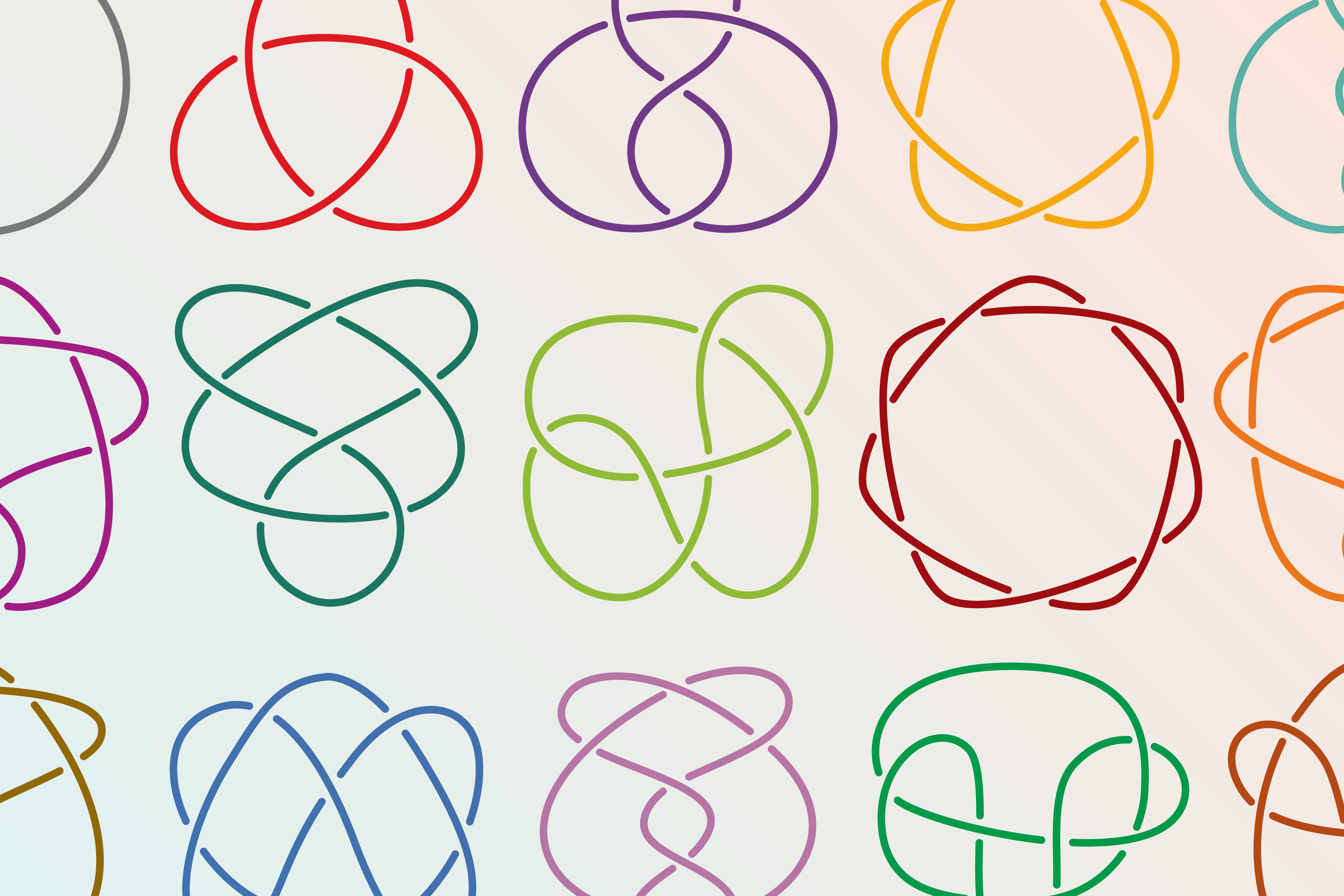 A colorful grid of mathematical knot diagrams