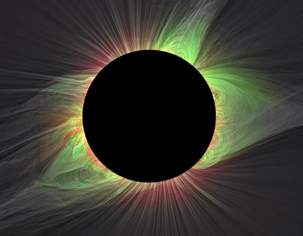 Total solar eclipse with red and green hair-like structure surrounding.