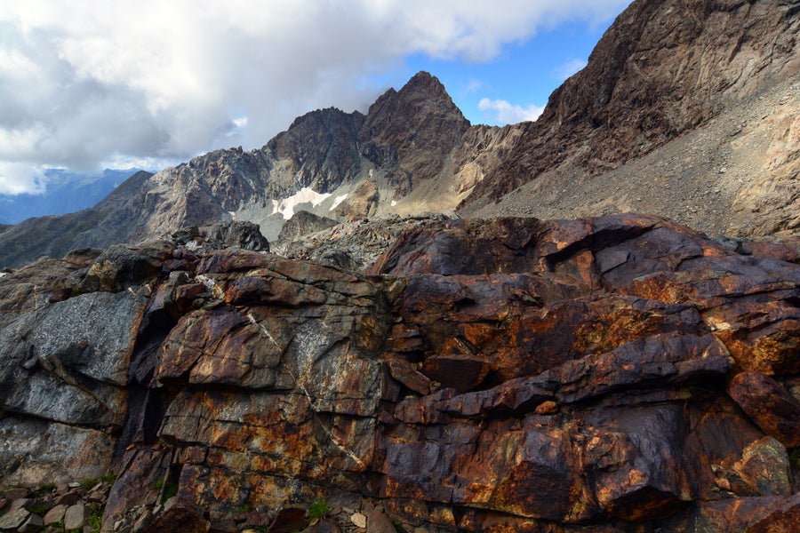 In the barren ophioltiic landscape around the Cassandra lakes, on the southern slope of Mt Disgrazia, Valmalenco, Sondrio, Italy.