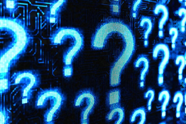 Digital illustration showing blue questions pixelated in black background