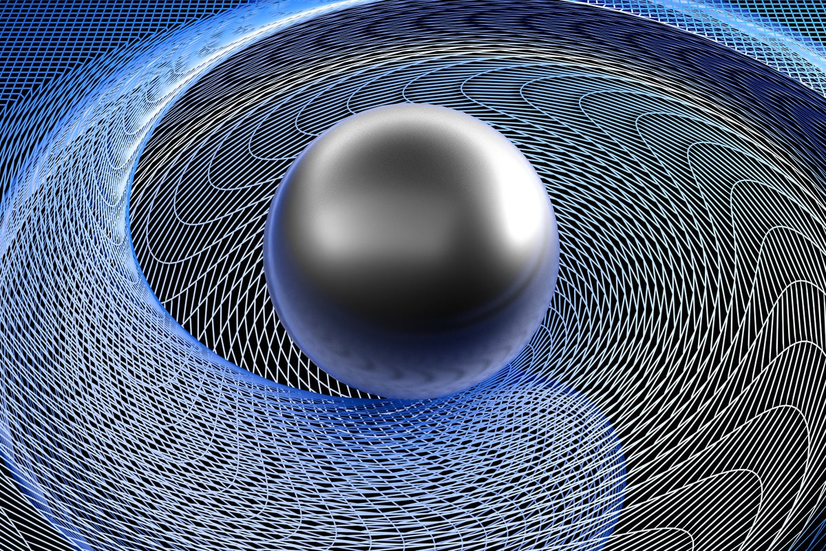 3D illustration of a black glossy sphere above a gridded mesh texture twisted into a spiral