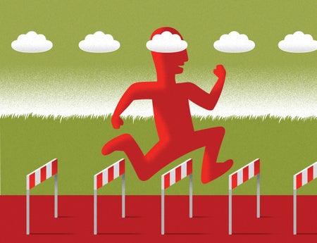 Illustration of a red character jumping over hurdles on a track