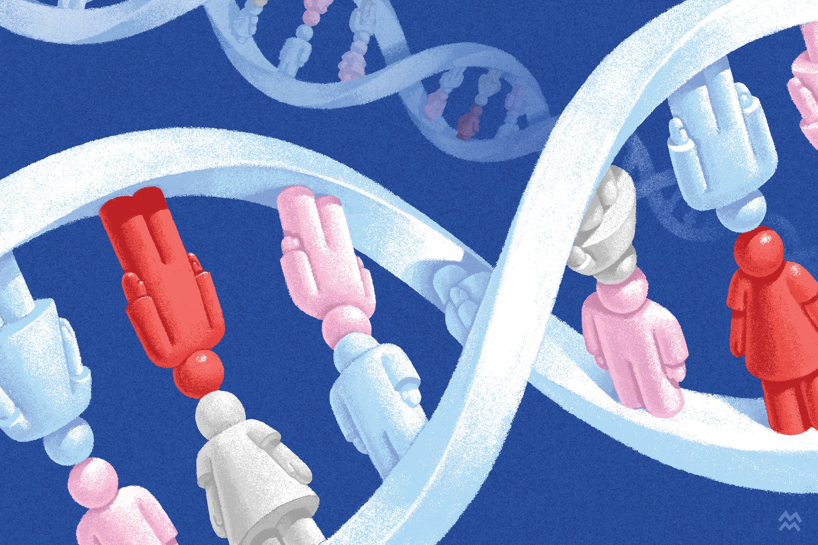 Illustration of DNA structure with characters of people standing on the strands