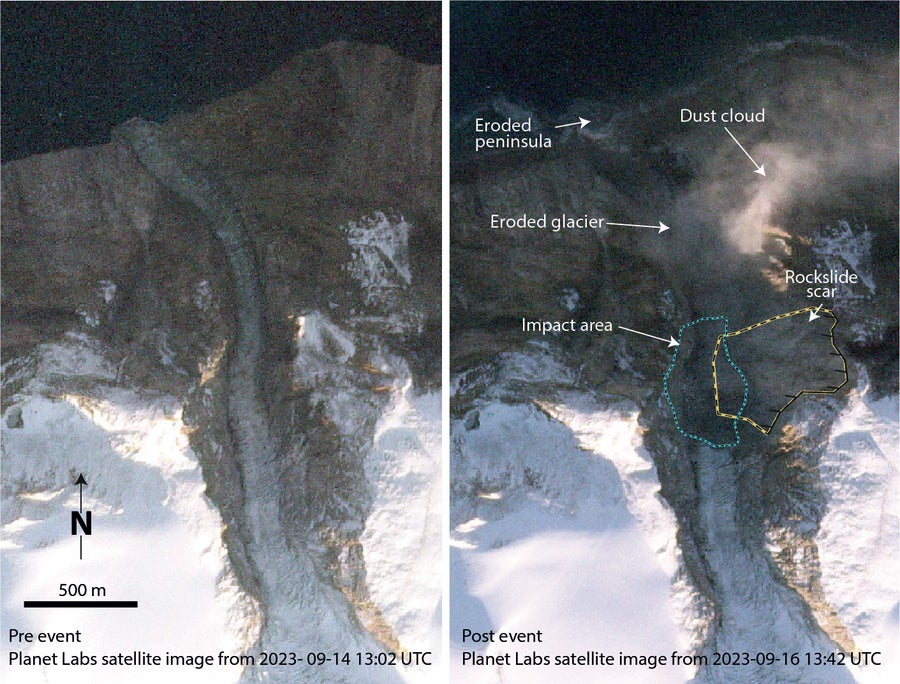 Planet Labs satellite image before (30 minutes before) and after (7 minutes after) the landslide