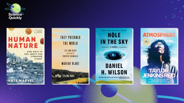 Four different book covers on a purple background with a plant with rings.