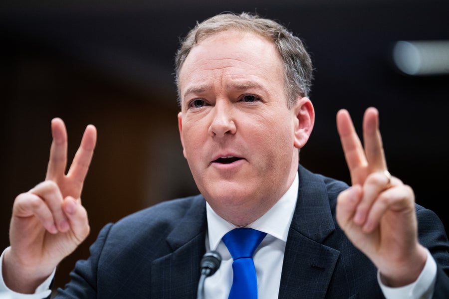 Close up of EPA Administrator Lee Zeldin testifying during a Senate Appropriations Subcommittee on Interior, Environment, and Related Agencies hearing, speaking into a microphone and holding his hands up in an air quote gesture