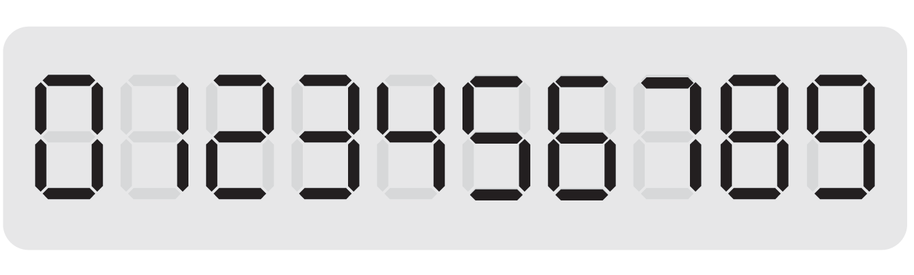 Graphic shows a screen displaying all of the vertical and horizontal line segments that make up the digits from 0 to 9 in order.