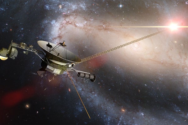 Illustration of Voyager spacecraft in front of a galaxy and a bright nearby star in deep space