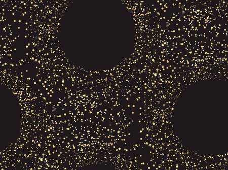 Three large dark circles appear against a dark background of swarming yellow dots