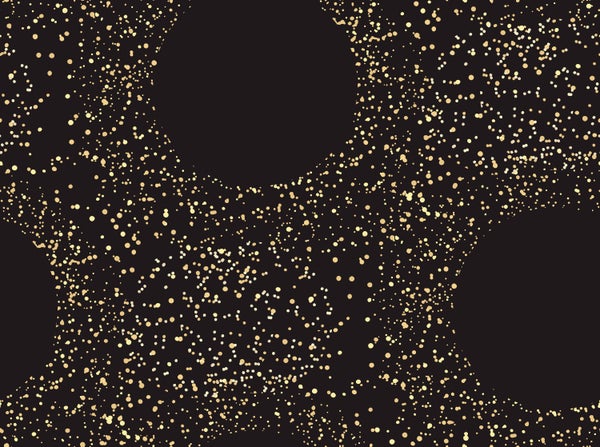 Three large dark circles appear against a dark background of swarming yellow dots