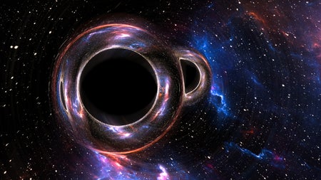 Two black holes circle each other against a cosmic background, with each black hole surrounded by a region of warped spacetime that distorts background images.