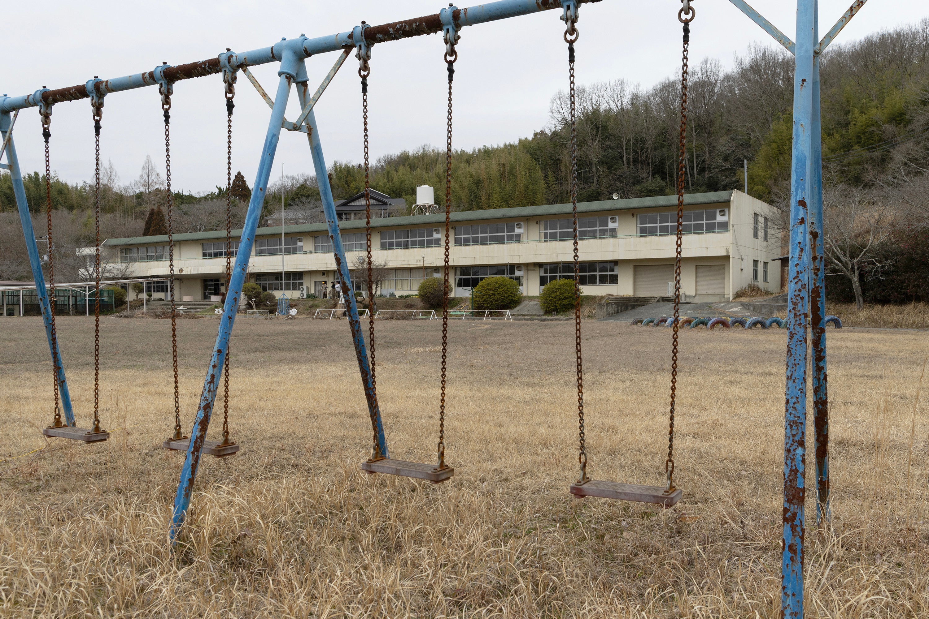 Empty school with chainlink swingset in foreground, surrounded by dense greenery