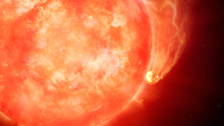 Artist Impression of a star devouring one of its planets. A planet skimming along a star’s surface