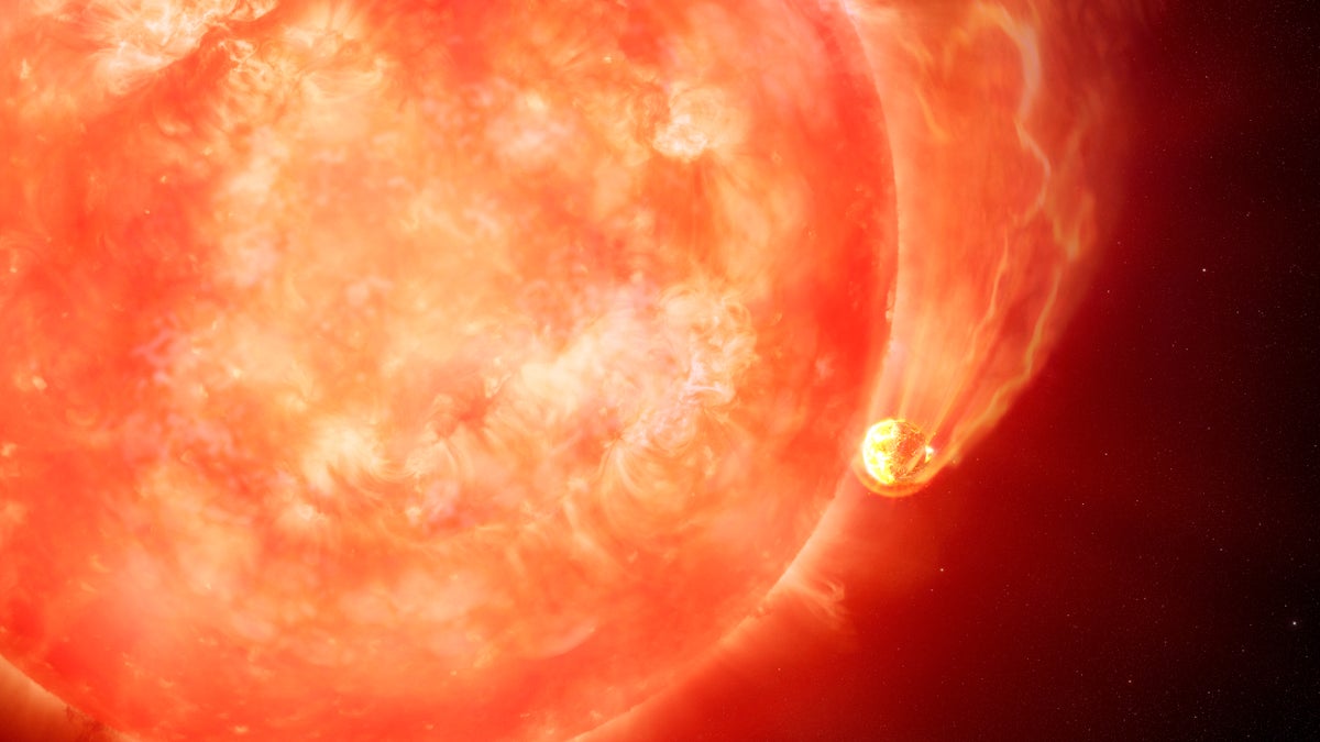 Artist Impression of a star devouring one of its planets. A planet skimming along a star's surface