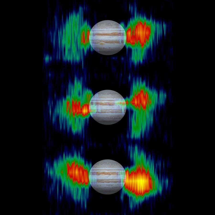 Details in radiation belts close to Jupiter are mapped from measurements that NASA’s Cassini spacecraft made of radio emission from high-energy electrons moving at nearly the speed of light within the belts. The three stacked views of Jupiter show the belts at different points in Jupiter’s 10-hour rotation. A picture of Jupiter is superimposed to show the size of the belts relative to the planet. Cassini’s radar instrument, operating in a listen-only mode, measured the strength of microwave radio emissions at a frequency of 13.8 gigahertz (13.8 billion cycles per second, or 2.2 centimeter wavelength)