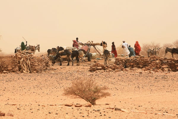 Sudanese men and women with their donkeys or mules fetching water from a deep well in front of the abandoned archeological site of Naqa, in northern Sudan