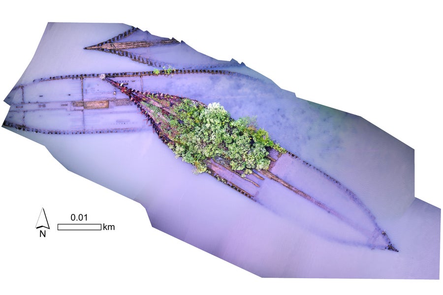 Composite image, or orthomosaic, of the wreck of Benzonia in the “Ghost Fleet” of Mallows Bay, lying partially on top of the wreck of Caribou as viewed from directly above
