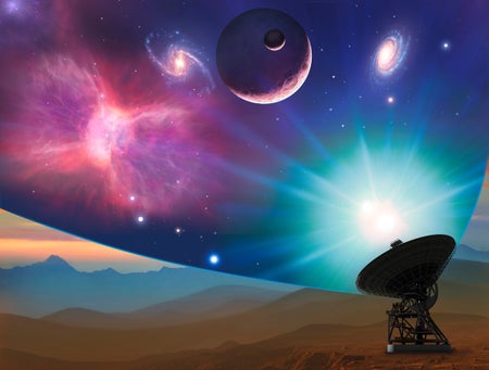 Illustration of a radio telescope on Earth viewing the universe, with a scene framed within the telescope's detection range of an alien planet, orbiting within a triple star system