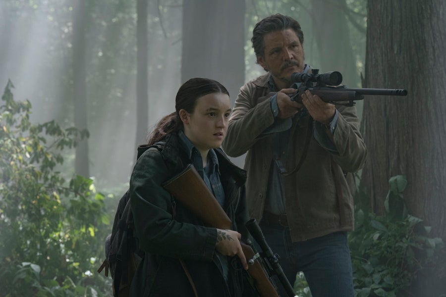 A scene from the last of us with two characters holding pistols