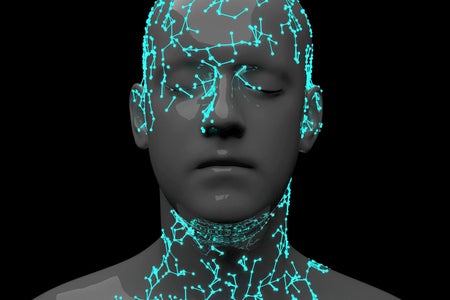 Conceptual digital illustration of a gray person with eyes closed on black background, with glowing cyan digital lines branching across face and neck