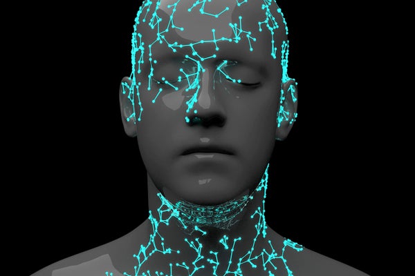 Ilustração digital conceitual de uma pessoa cinza com olhos fechados em fundo preto, com linhas digitais cianas brilhantes ramificando no rosto e pescoço
