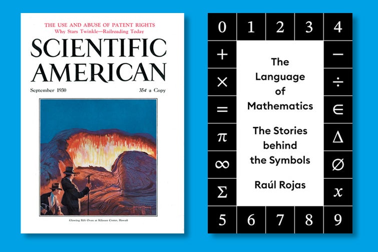 Cover of an issue of Scientific American and cover of the book The Language of Mathematics