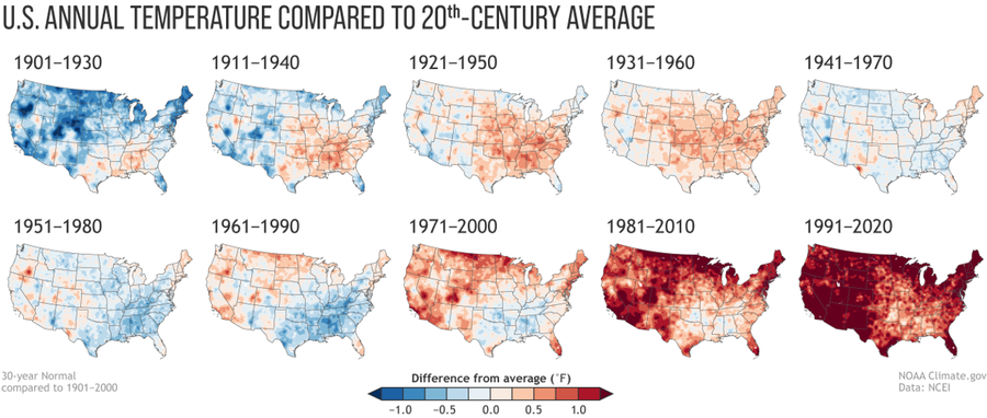 Annual U.S. temperature compared to the 20th-century average for each U.S. Climate Normals period from 1901-1930 (upper left) to 1991-2020 (lower right)