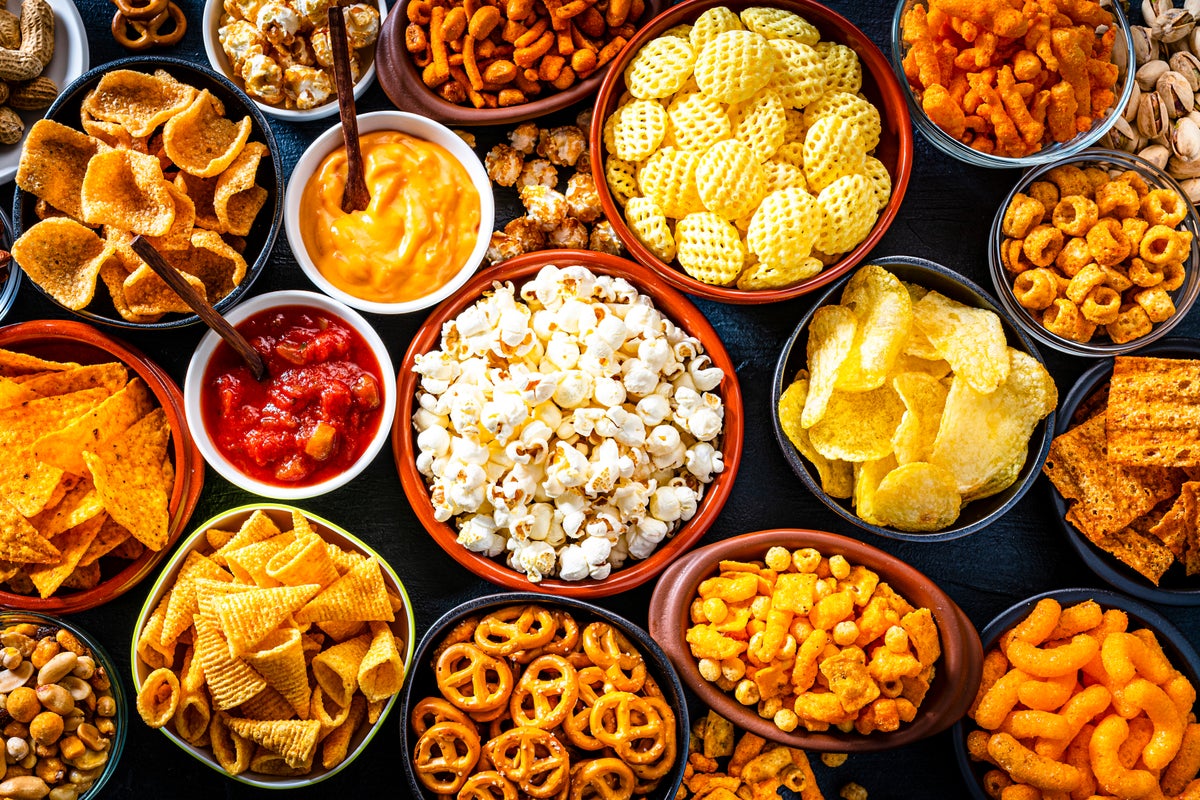 Different types of junk foods in bowls