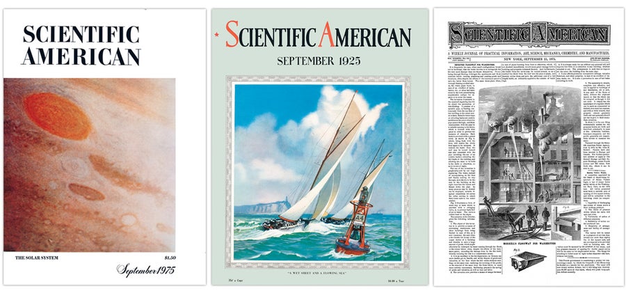 Covers of Scientific American from September 1975, 1925 and 1875.