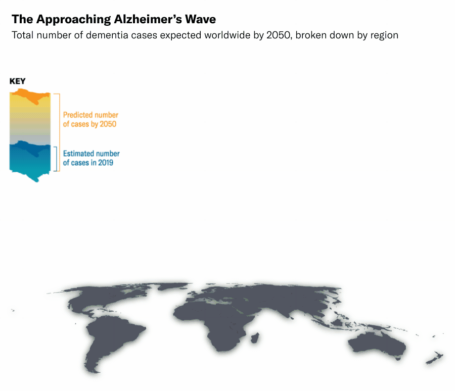 Gif showing a moving image of the world map, based off the number of dementia cases expected worldwide by 2050.