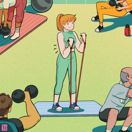 Illustration of a cartoon woman working out in the gym
