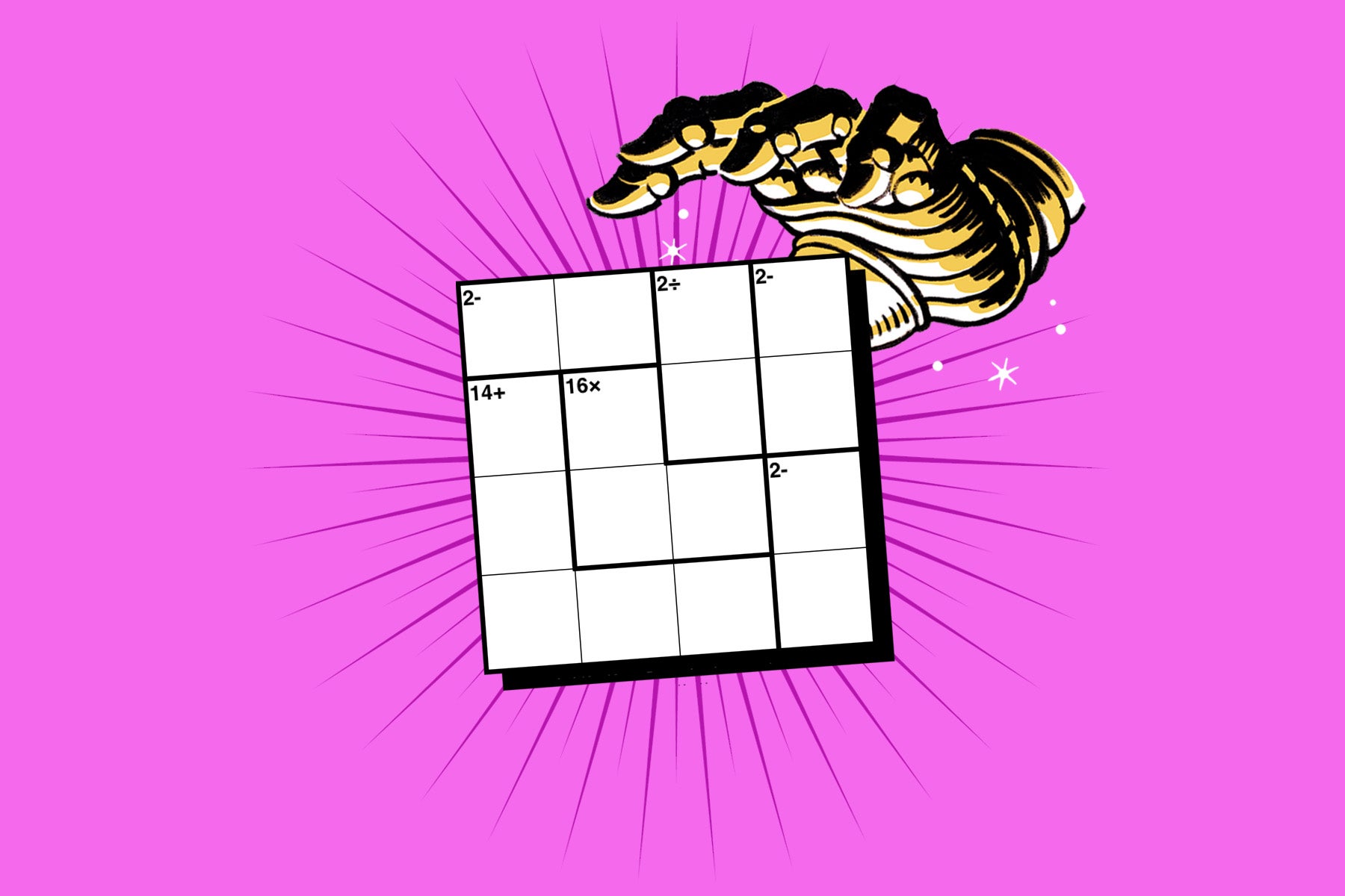 An illustrated robotic hand reaches for a 4x4 kenken grid