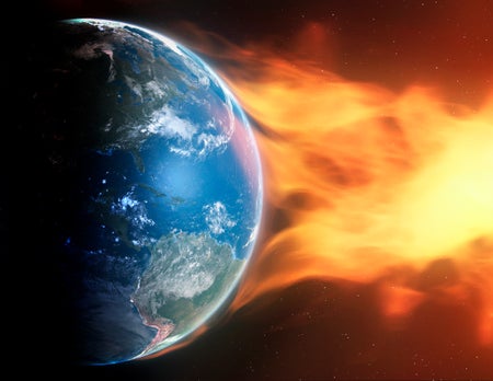 Illustration of a coronal mass ejection impacting the Earth's atmosphere