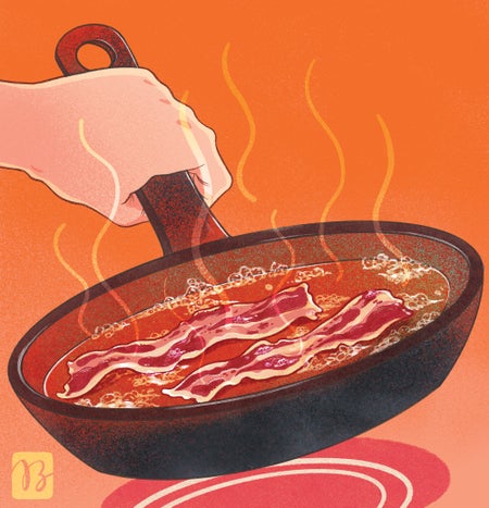 Illustration of a hand holding a frying pan cooking bacon.