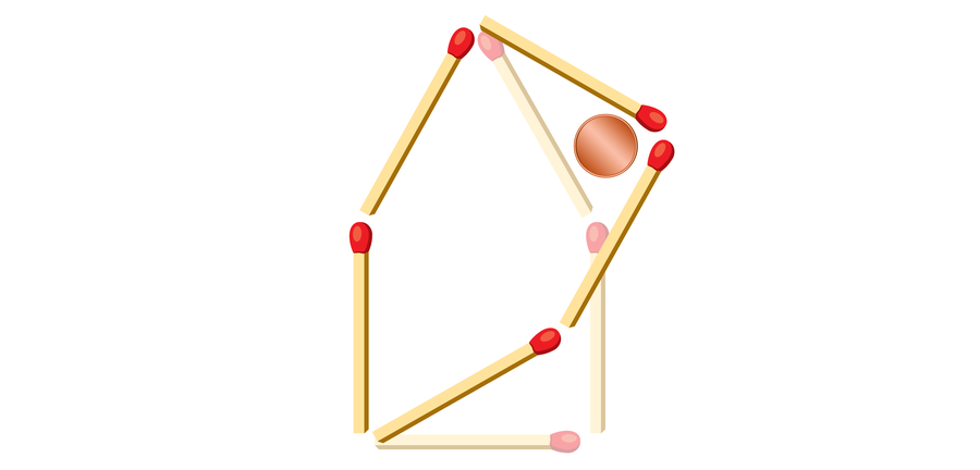 Three matchsticks have been moved from the shape of a houselike pentagon, which had a coin just outside its pointed top. The rearrangement retains the same shape, but it is now oriented on a diagonal, with the coin in a corner of the pentagon’s base.