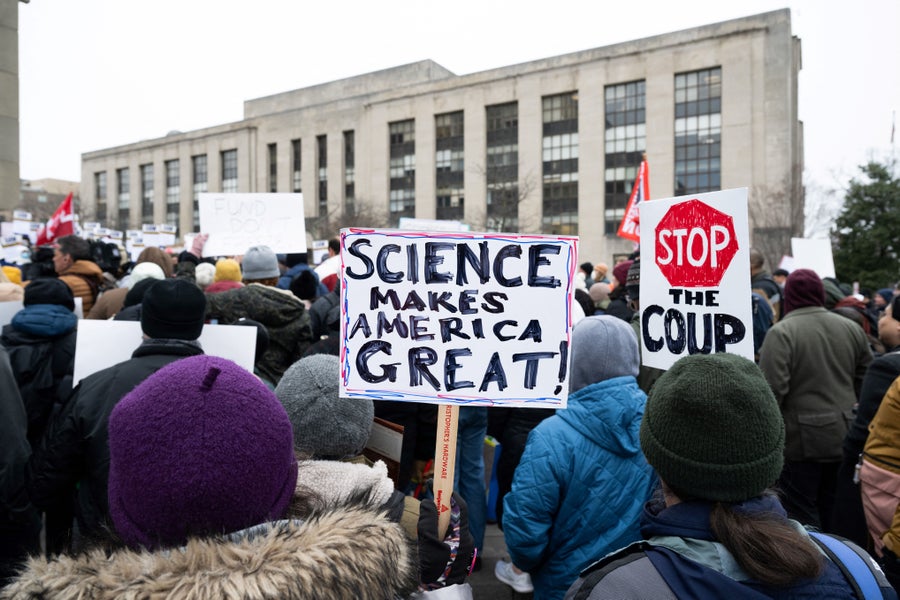 Science Makes America Great sign at protest against US President Donald Trump and Elon Musk's DOGE cuts to medical research and higher education