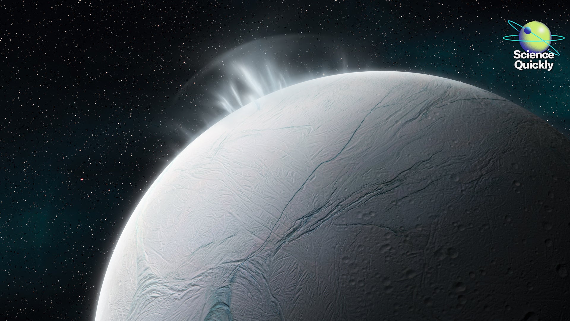 A view of a large white moon with vapor jets emanating from its surface