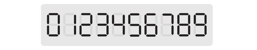 Graphic shows a screen displaying all of the vertical and horizontal line segments that make up the digits from 0 to 9 in order.