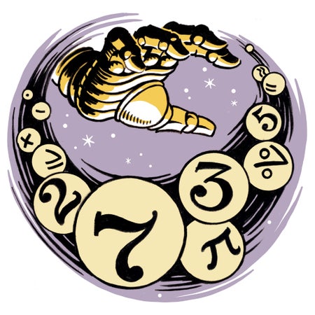 A robot hand reaches for bubbles with numbers and symbols written in them