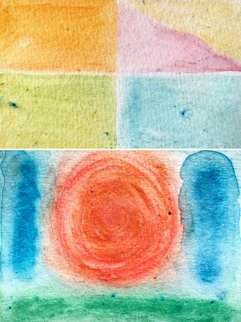 Dos pinturas apiladas en un díptico, cada una de las cuales transmite la apariencia de sinestesia sexual de la experiencia de primera mano. Pintura superior: una cuadrícula de 4 imágenes rectangulares. La parte superior izquierda es naranja, la parte superior derecha se divide diagonalmente con un borde ondulado que se extiende desde la esquina superior izquierda hasta la esquina inferior derecha con el rosa en la parte inferior izquierda y el amarillo en la parte superior derecha. La imagen inferior derecha es azul claro. La imagen inferior izquierda es verde; Pintura inferior: un círculo rojo se encuentra en el centro, enmarcado por dos barras azules a la izquierda y a la derecha, y una barra verde a lo largo del borde inferior