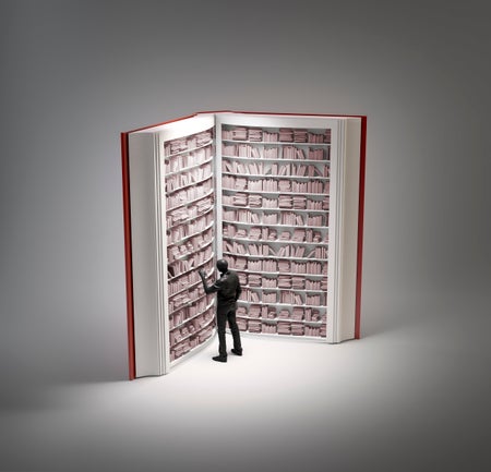 Bookshelves in book with human figure