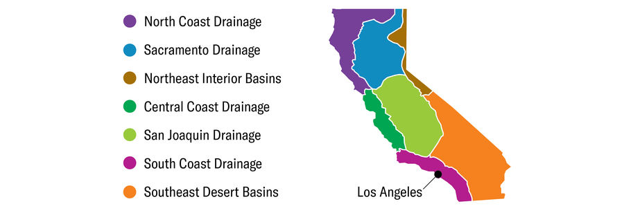 Map shows the seven drainage and basin regions of California.