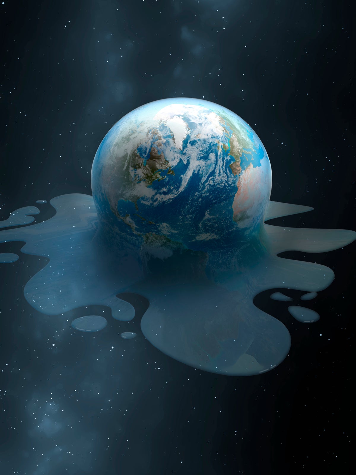 Planet Earth appears to be melting, leaving a puddle of goo below it against a starry space background
