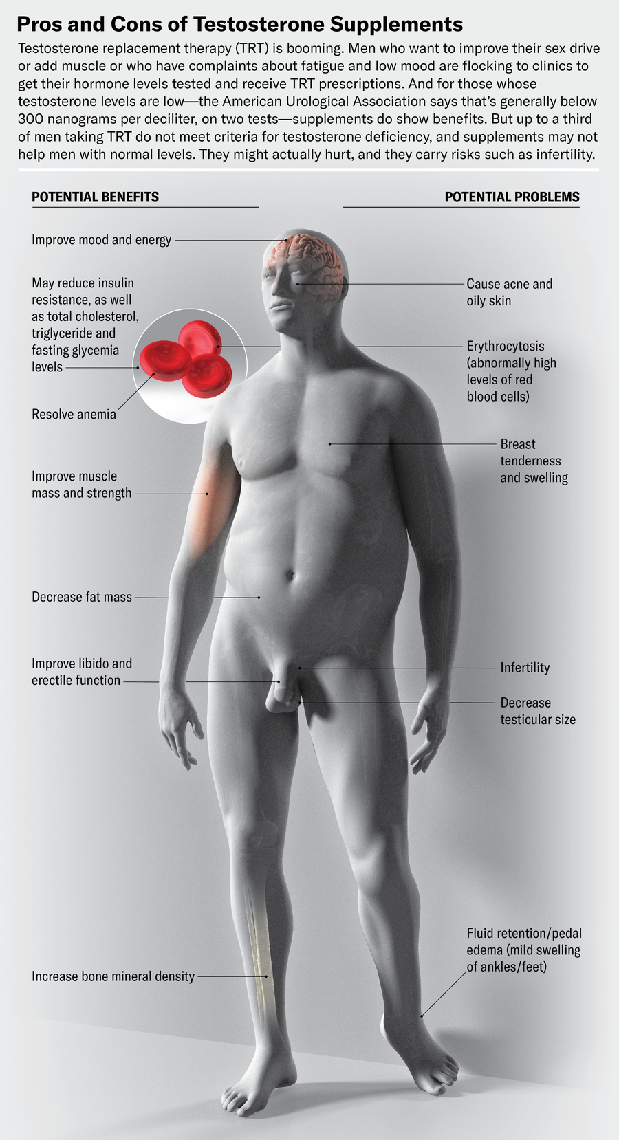 Illustration of a male figure is flanked on the left by a list of potential benefits of testosterone replacement therapy, and on the right with potential problems that can emerge due to the treatment.