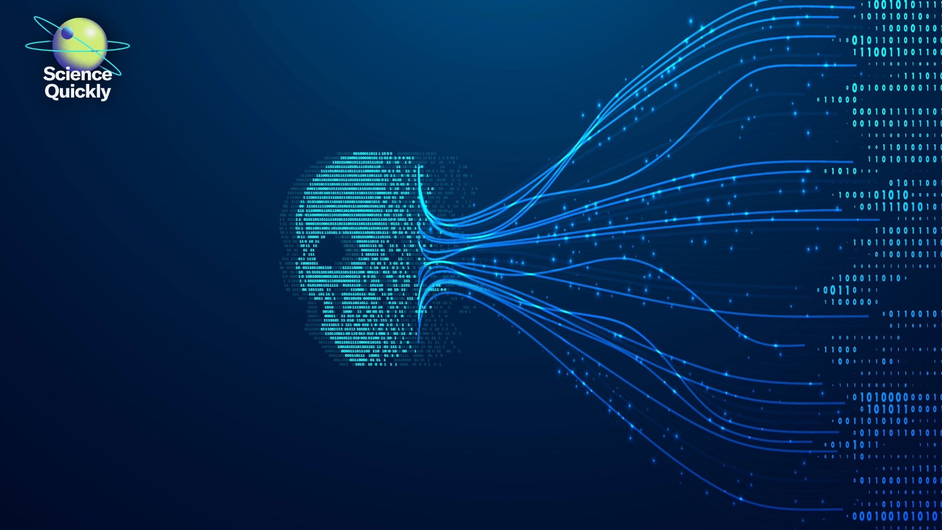 An illustration of a skull turning into ones and zeros that flow in lines into a machine learning model.