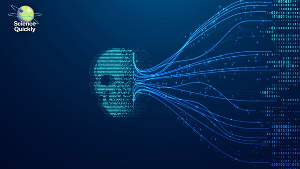 An illustration of a skull turning into ones and zeros that flow in lines into a machine learning model.