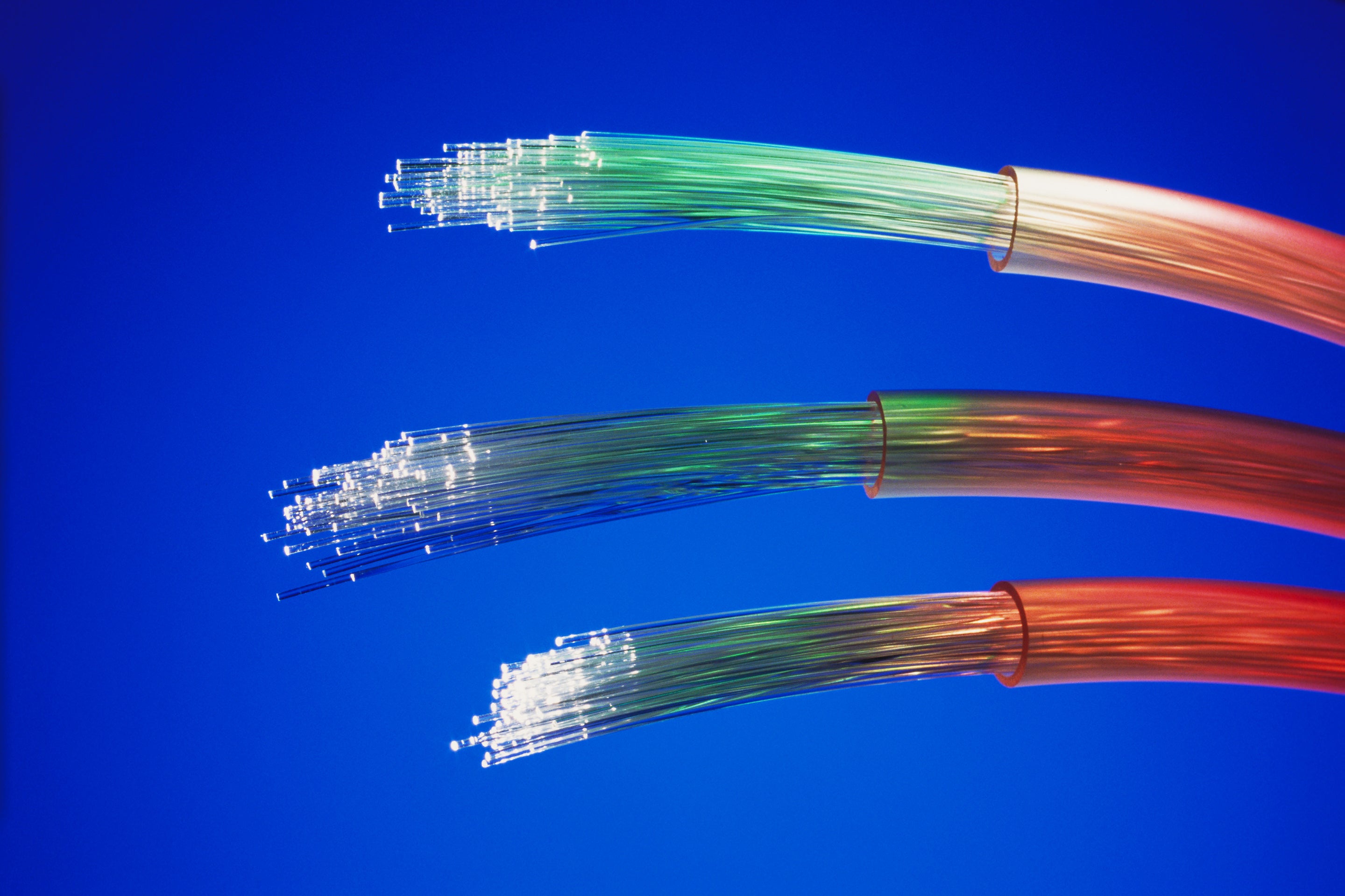 Spots of colored light appear at the end of a spray of optical fibers from a fiber-optic cable