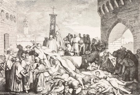 An engraving showing a massive pile of bodies.