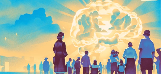 Illustration of multiple people looking up at clouds.