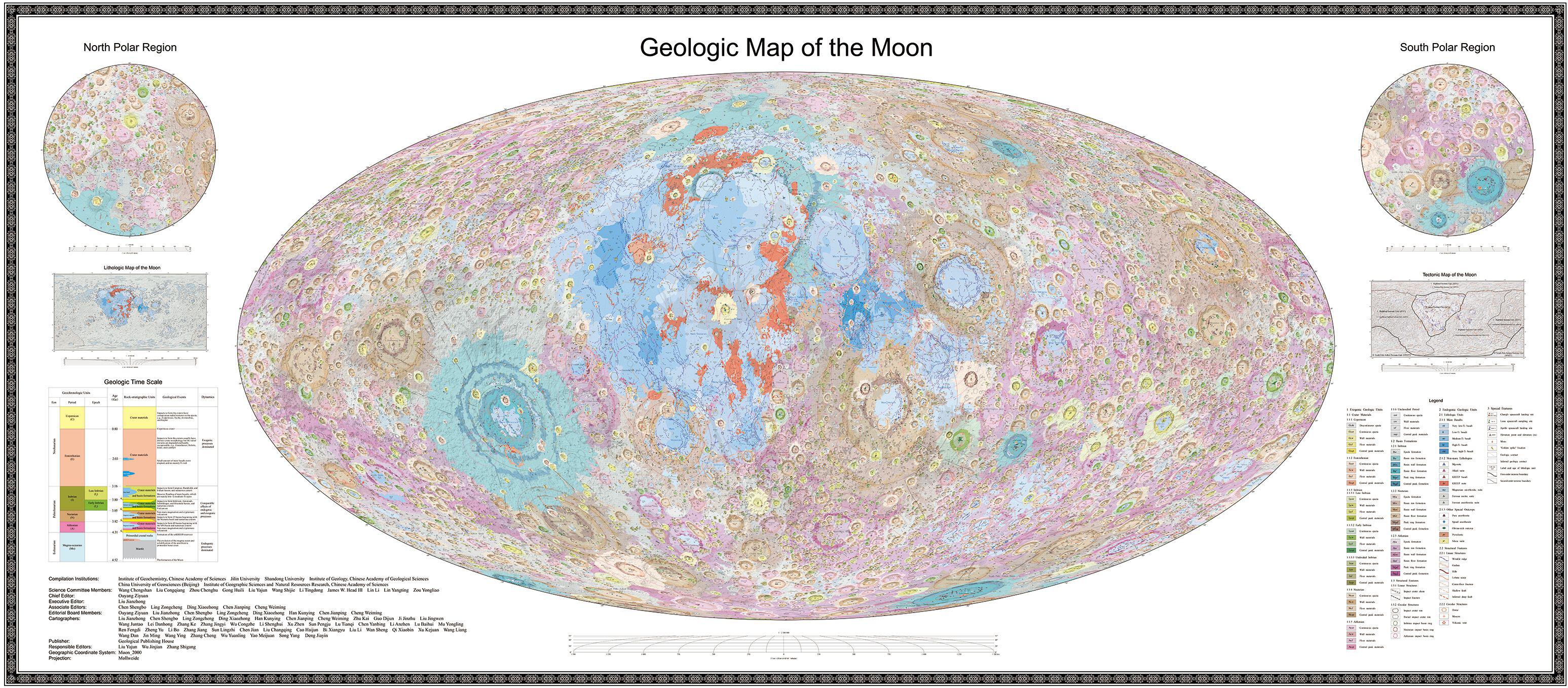 Geologic atlas of the global moon with a scale of 1:2.5 million, which is the first complete high-definition lunar geologic atlas in the world, providing basic map data for future lunar research and exploration. This page is the Geologic Map of the Moon.